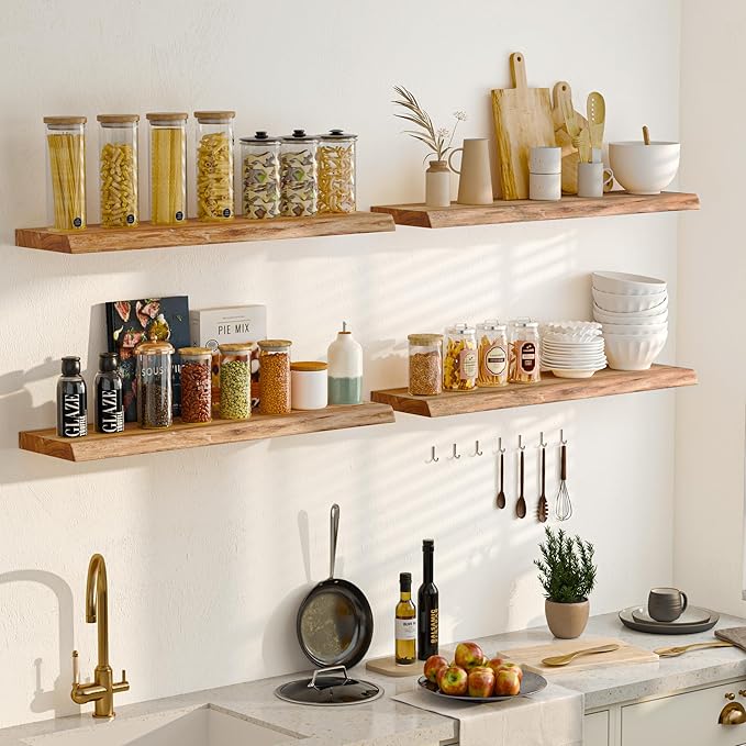Fun Memories Floating Shelves for Wall Decor, Rustic Solid Elm Wood Live Edge Floating Shelves Wall Mounted, Heavy-Duty Shelf with Invisible Bracket for Living Room Kitchen, 36 Inch Set of 2, Natural