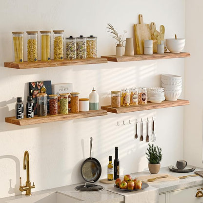 Fun Memories Floating Shelves for Wall Decor, Rustic Solid Elm Wood Live Edge Floating Shelves Wall Mounted, Heavy-Duty Shelf with Invisible Bracket for Living Room Kitchen, 36 Inch Set of 2, Natural