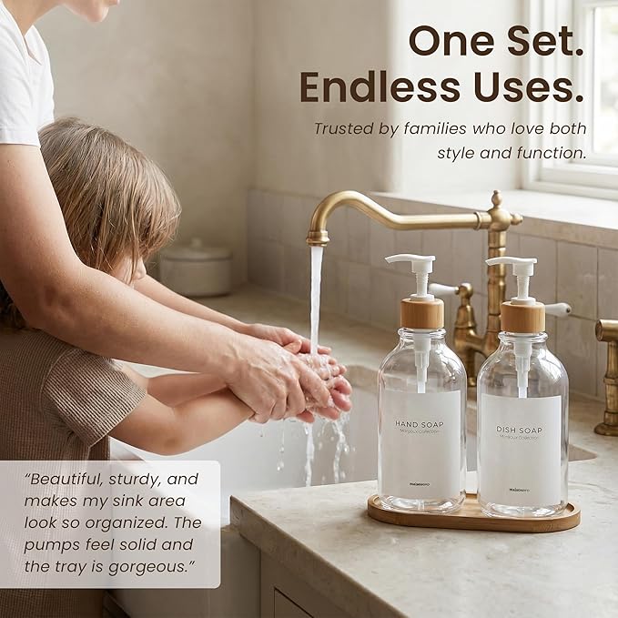 Maisonovo Plastic Soap Dispenser Set | Hand Soap and Dish Soap Dispenser Set | 16.9oz Amber Bottles with Black Bamboo Pump | Bathroom Lotion Dispenser with Pump Set of 2