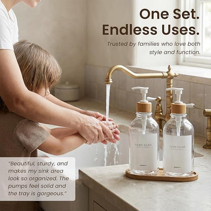 Maisonovo Plastic Soap Dispenser Set | Hand Soap and Dish Soap Dispenser Set | 16.9oz Amber Bottles with Black Bamboo Pump | Bathroom Lotion Dispenser with Pump Set of 2