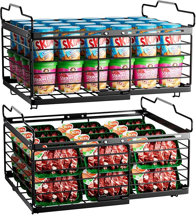 OdoVow Freezer Organizer Bins, 2 Pack Stackable Deep Freezer Organizer Bins, Large Expandable Chest Freezer Containers with Handle, Metal Adjustable Storage Baskets for Kitchen, Pantry (Black)