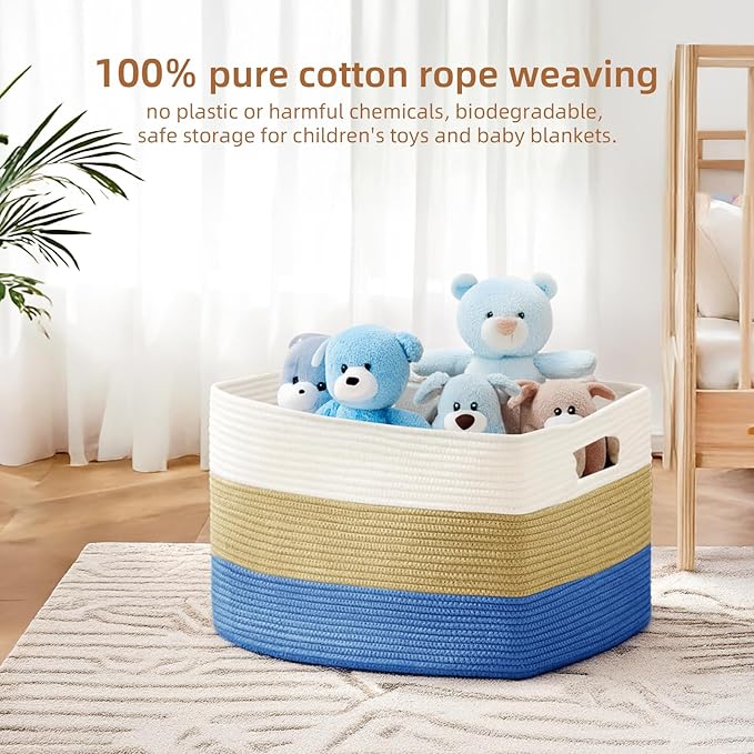 Cotton Rope Basket,Large Blanket Basket for Living Room,Woven cotton rope laundry baskets，For Bathroom Dirty Clothes ，Nursery Toys，pillow storage organization, 72L，white and dark blue.