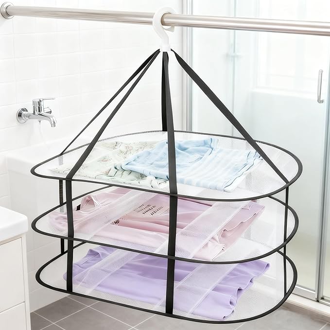 Fashion & Lifestyle 3-Tier Foldable Clothes Black Drying Rack, Hanging Mesh Laundry Dryer with Sturdy Frame for Delicates/Sweaters/Underwear, Space-Saving Indoor Outdoor Drying Organizer