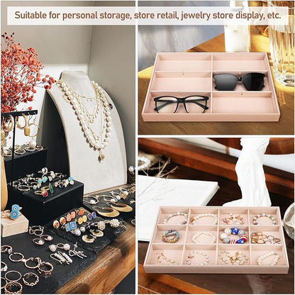 Zerodeko 2 Pcs Velvet Jewelry Organizer Tray with Adjustable Compartments Stackable 12-Grid Jewelry Display Insert for Drawer Storage and Home Decor