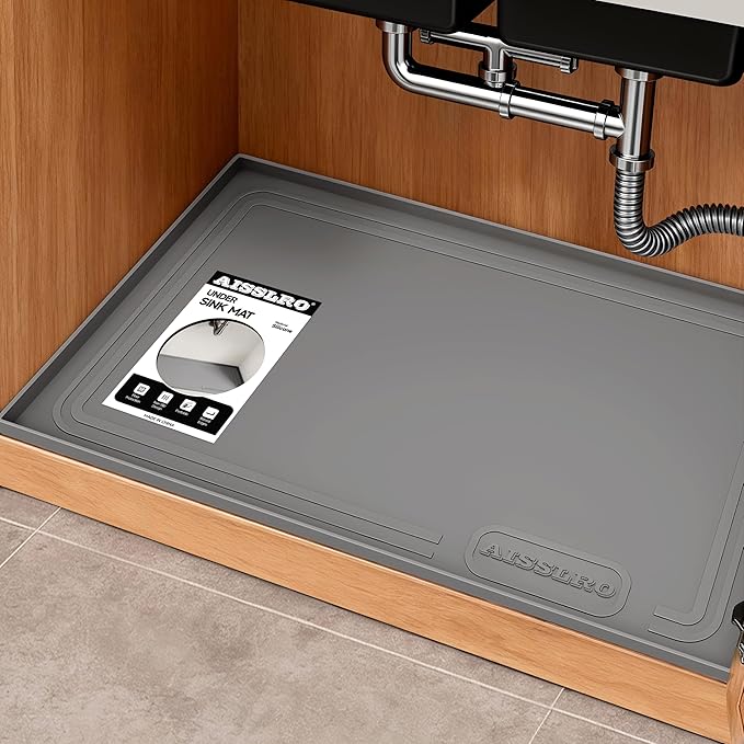 Aisslro Under Sink Mat 28" X 19", Waterproof Silicone Under Sink Mats for Kitchen, Anti-Leak Shelf Liner & Cabinet Protector with Raised Edge, [BPA Free] Bathroom Tray Home Organizer, Dark Gray