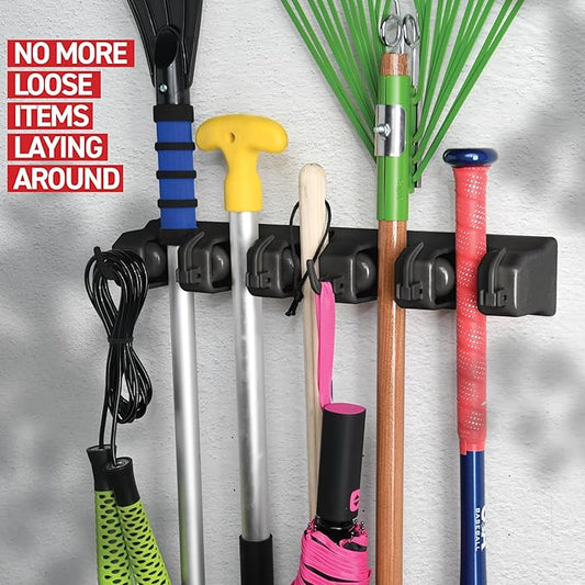 2 Pack Mop and Broom Holder Wall Mount - Garage Storage Organizer with 5 Slots, 6 Hooks, 7.5lbs Capacity Per Slot - Home, Kitchen, Closet, Laundry Room Organization – Black Broom Hanger