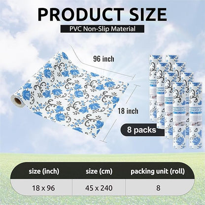 FIFTY FEET 18X96 Inch Shelf Liner for Kitchen Cabinets, PVC Drawer Liner for Dresser Non-Slip Bathroom, Non-Adhesive Cabinet Liner Washable (Blue Floral)(8 Roll)