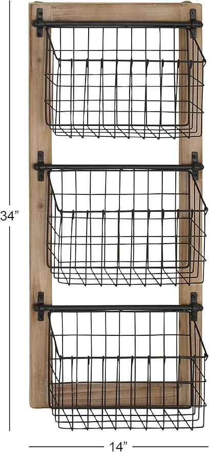 Deco 79 Metal 3 Slot Magazine Rack Holder with Wood Frame and Suspended Wire Baskets, 14" x 5" x 34", Black