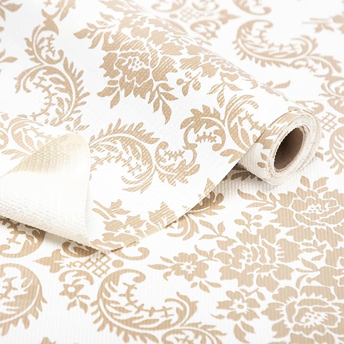 RAY STAR Shelf Liner, Non Adhesive Golden Damask Floral Cabinet Liner for Pantry Drawer, Strong Grip Non Slip Waterproof, Shelf Liners for Kitchen Cabinets Organization 18 Inch x 8 FT (3 Rolls)