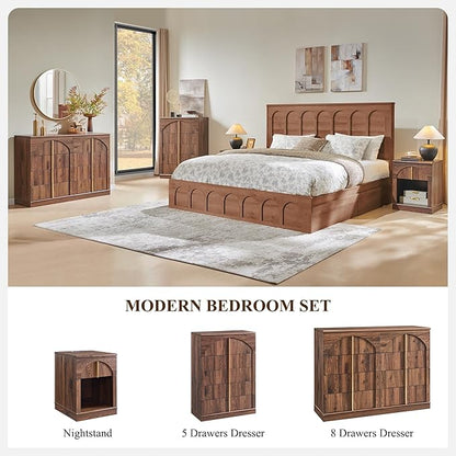 ACCOHOHO Modern Night Stand Set 2 with Arched Panel,18" Wooden nightstand with Charging Station,Bedside Table with Drawer Storage,Side End Table with Open Shelf for Bedroom、Living Room,Brown