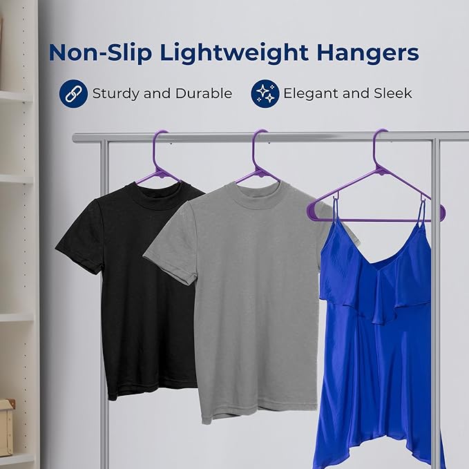SereneLife 30 Pack Plastic Clothes Hangers – Ultra Lightweight Slim Non Slip Heavy Duty Closet Hanger Set for Coats Shirts Dresses Pants Durable Space Saving Wardrobe Organization (Purple)