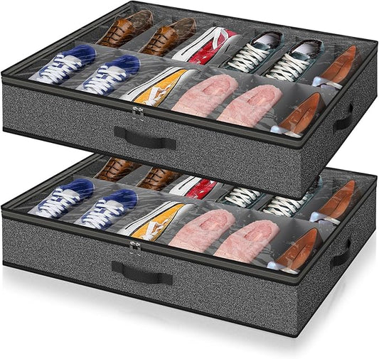 Under Bed Shoe Storage Organizer for Closet, Fits 24 Pairs Underbed Shoes Box Storage Containers Under the Bed Storage Foldable with Sturdy Handles&Clear Window for College Dorms Grey, Set of 2