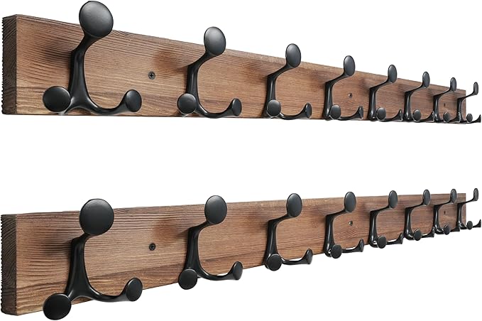 SKOLOO 43-Inch Wood Coat Rack Wall Mount with 8 Triple Hooks - Ideal for Family Entrances, Classrooms, and Pet Supplies Storage - Perfect Coat Hooks for Wall,Charred Golden Brown, Pack of 2