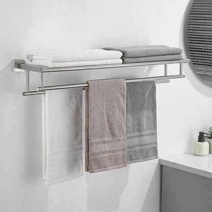 Towel Rack with Shelf 32 Inch Double Towel Racks for Bathroom Brushed Nickel Bath Towel Holder SUS304 Stainless Steel Towel Rack Wall Mounted Modern Towel Hanger
