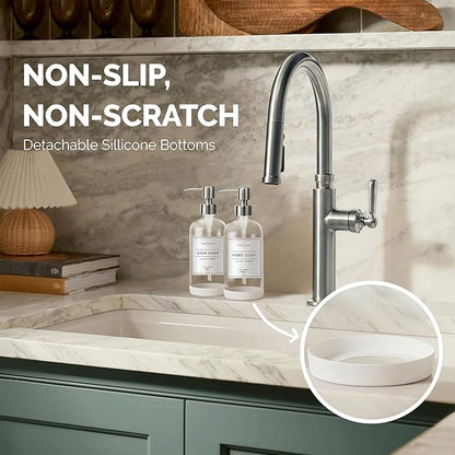 Vine Creations Clear Glass Soap Dispenser, 2 Pack Kitchen Soap Dispenser Set with Stainless Steel Pump, 16 oz Hand Soap or Dish Soap for Bathroom or Kitchen with Waterproof Labels