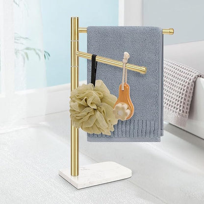 Standing Hand Towel Holder, Hand Towel Stand with Marble Base, 304 Stainless Steel Towel Rack with 2 Swivel Arm, Countertop Stand Towel Ring Towel Bar for Bathroom (Gold)