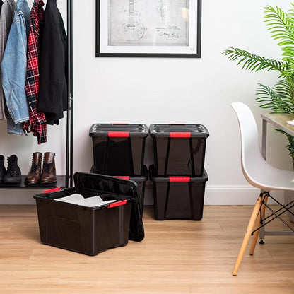 IRIS USA 40 Qt Stackable Plastic Storage Bins with Lids, 4 Pack - BPA-Free, Made in USA - Garage Organizing Solution, Latches, Durable Nestable Containers, Secure Pull Handle - Black