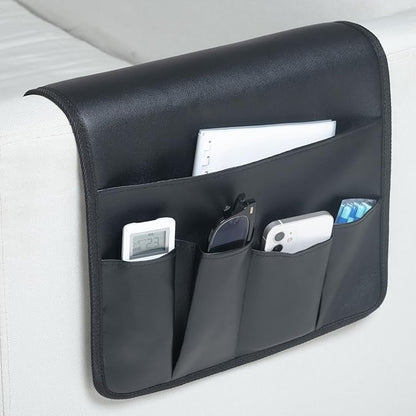 PU Leather Sofa Armrest Organizer, Armchair Magazine Holders, Waterproof Remote Holder for Recliner Couch with 1 Large Pocket, 4 Small Pockets for Magazine, Remote, Phone, Ipad, Books (Black)