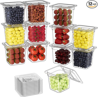 FORITRUE 1/6 6'' 12 Pack Plastic Food Pans With Lids, Clear Food Pan, Commercial Stackable Polycarbonate Freezer-Safe for Fruits Vegetables Restaurant Kitchen