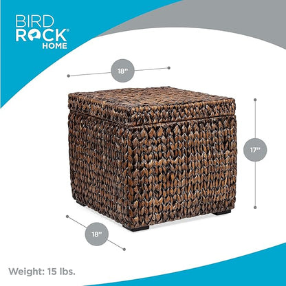BIRDROCK HOME Storage Cube Box with Lid - Brown Wash Seagrass - Hand Woven Container for Blankets Pillows - Sturdy Metal Frame