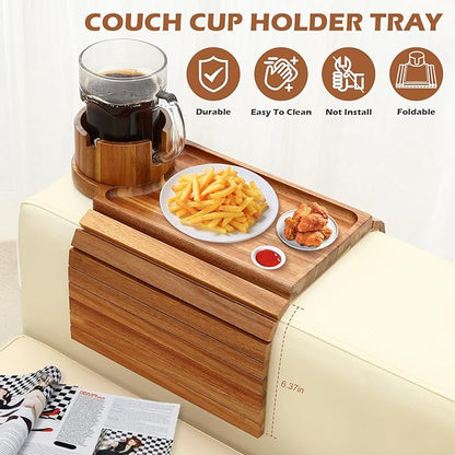 Couch Cup Holder Tray, Acacia Wood Couch Armrest Table with 360° Ratated Phone Holder, 18.99" Flodable Anti-Slip Sofa Armrest Tray Tables for Snacks Remote Storage