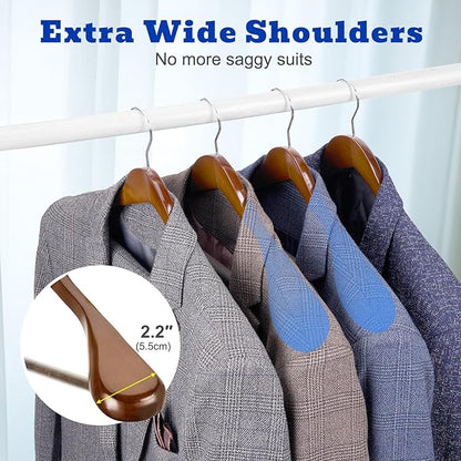HOUSE DAY Wide Shoulder Wooden Hangers 12 Pack, Wood Suit Hangers for Men with Non Slip Pants Bar, Smooth Finish Solid Wood Coat Hanger for Jacket, Pants, Dress, Heavy Clothes Hanger (Walnut)