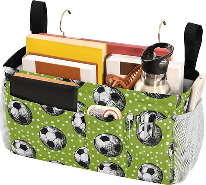 CuwrYet Bedside Caddy Hanging Bunk Bed Caddy Bed Organizer Hanging Pocket with 2 Hooks Bedside Storage Organizer Pocket Bag Holder Deep Green Soccer Balls Dots