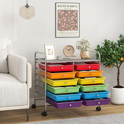 Giantex 12 Drawers Rolling Cart, Mobile Storage Drawer Cart, Classroom Organizer Cart for Office School Supplies Tools Scrapbook Paper Craft Small Printer, Utility Cart on Wheels, Multicolor