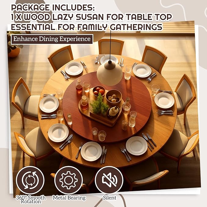 28" Walnut Wood Lazy Susan for Table Top, Large Turntable Rotating Serving Tray for Counter Top Solid Wooden Round Lazy Susan Organizer for Kitchen Spinning Food Server Centerpieces