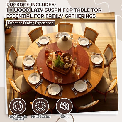 24" Walnut Wood Lazy Susan for Table Top, Large Turntable Rotating Serving Tray for Counter Top Solid Wooden Round Lazy Susan Organizer for Kitchen Spinning Food Server Centerpieces
