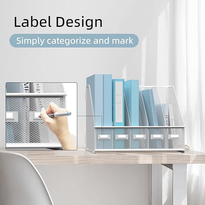 SUPEASY Desk Organizers Metal Desk Magazine File Holder with 5 Vertical Compartments Rack File Organizer for Office Desktop, Home Workspace, White