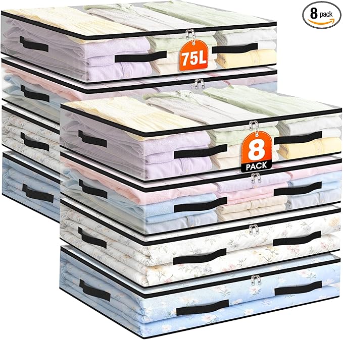 EdenDwell 8 Pack Under Bed Storage Bags, 75L Foldable Clear Storage Containers with Handles, Dual Zippers for Comforter, Clothes, Bedding, Linen Sheets, Sweaters, Blanket Storage