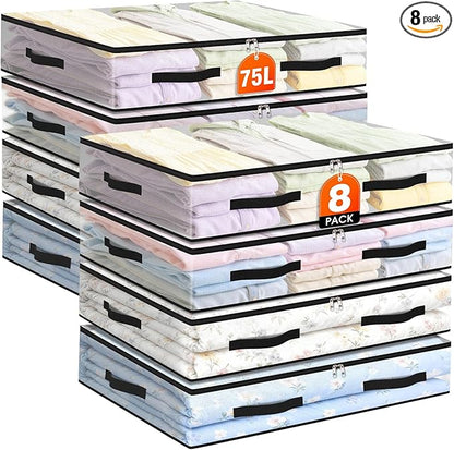 EdenDwell 8 Pack Under Bed Storage Bags, 75L Foldable Clear Storage Containers with Handles, Dual Zippers for Comforter, Clothes, Bedding, Linen Sheets, Sweaters, Blanket Storage