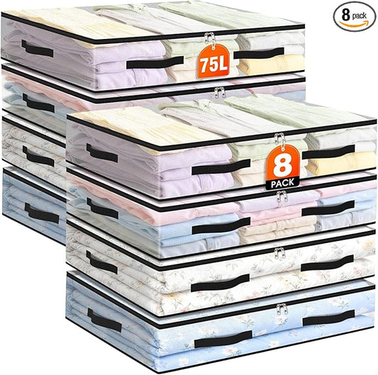 EdenDwell 8 Pack Under Bed Storage Bags, 75L Foldable Clear Storage Containers with Handles, Dual Zippers for Comforter, Clothes, Bedding, Linen Sheets, Sweaters, Blanket Storage