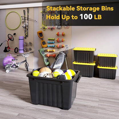 Nazhura 72Quart Plastic Storage Bin, Stackable and Nestable Storage Boxes with White Lids and Secure Latching Buckles, Large Storage Container (Black/Yellow, 72Quart-6Pack)
