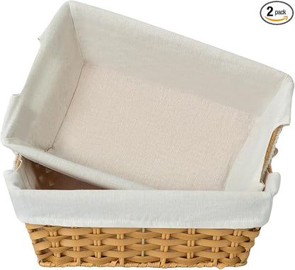 JS HANGER Wicker Storage Basket with Liners, Set of 2, Washable Waterproof, 12.6" L x 8.7" W x 4.3" H, Woven Basket for Pantry, Toilet, Bathroom, Bedroom, Patio,Natrual