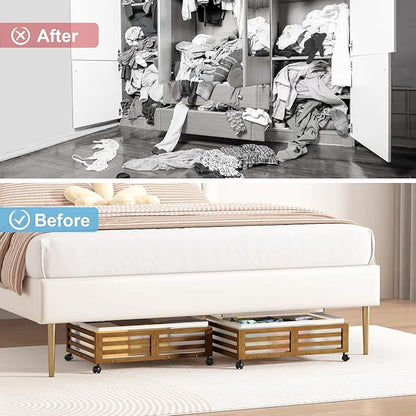 Wisuce Home Under Bed Storage Containers With Wheels - 2 Pcs Bamboo Wood Rolling Underbed Shoe Storage Bins With Dust Bags for Clothes Blankets, Duvet Covers Snacks Toys (Walnut)