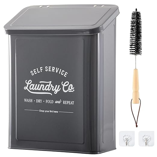 Magnetic Lint Bin for Laundry Room, Wall Mounted Lint Trash can with lid for Dryer, Farmhouse Laundry Co Sign, Laundry Room Organization and Storage Decor with Dryer Lint Brush(Grey)
