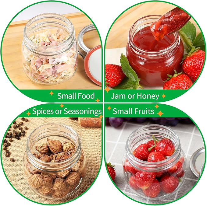 8 oz Mason jars，small glass jars with lids，Canning Jars with Airtight Metal Covers for Jam, Honey, Spices,Candle， Wedding Favors, Food Storage & DIY Crafts (4 pack)