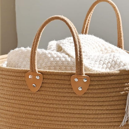 KAKAMAY Large Blanket Basket (18"x18"x16"),Woven Baby Laundry Hamper for Storage, Cotton Rope Blankets Baskets for Nursery, Laundry, Living Room, Pillows, Baby Toy chest with Handles (Brown)