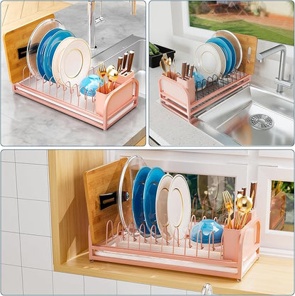 YEYPOP Pink Dish Rack - Small Dish Drying Rack for Limitied Kitchen Counter, Narrow Stainless Steel Dish Drainer w Tray, Cutlery Holder, Cute Kitchen Appliances Organizer for A Lovely You