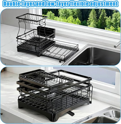 Suouezi Extendable 2 Tier Stainless Steel Dish Drying Rack | Large Over-The-Sink Rust-Resistant Rack | High Capacity with Utensil Holder | Efficient Kitchen Counter Organization & Space Saving