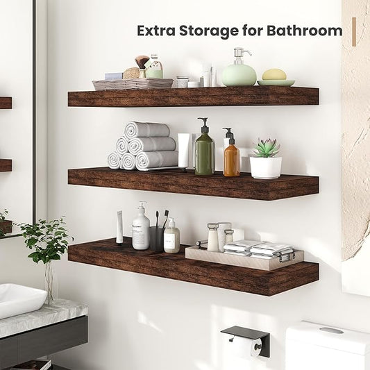 Heimlove 12 Inch Deep Floating Shelves, 16 x 12 inches Long Wall Shelf, Large Extra Display Shelf & Storage Shelf, Rustic Wood Wall Shelves for Fireplace Mantel, Brown - 2Pack
