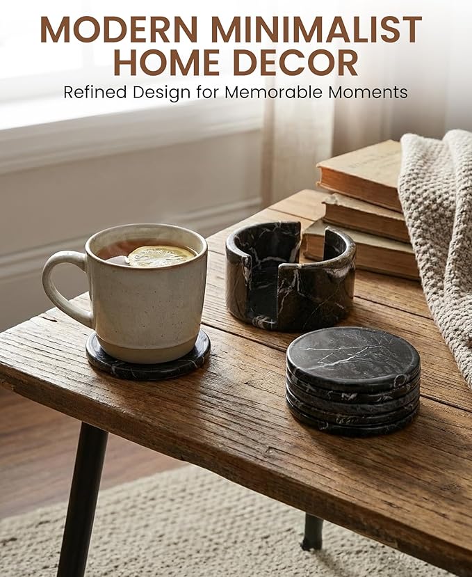 Marble Set of 6-3.7" Round Marble Drink Coasters, Cork Backing Non-Slip, Office Protect Tables from Stains and Scratches, Zebra Black