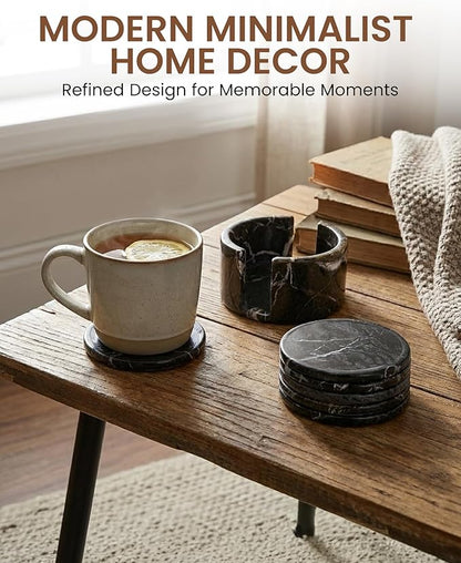 Marble Set of 6-3.7" Round Marble Drink Coasters, Cork Backing Non-Slip, Office Protect Tables from Stains and Scratches, Zebra Black