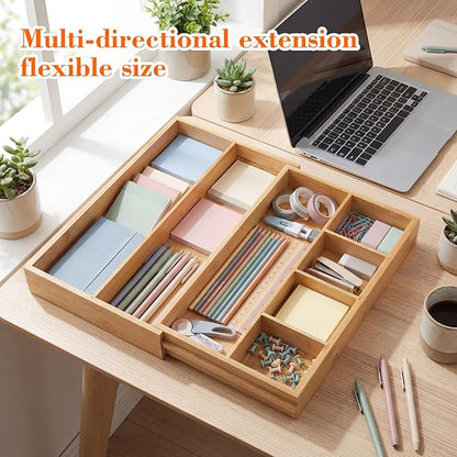 1 Pcs Bamboo Desk Drawer Organizer 2 Inch Height Expandable Drawer Organizer Trays with 7 Adjustable Compartments Desk Accessories for Makeup Silverware Office Bathroom(Wood)