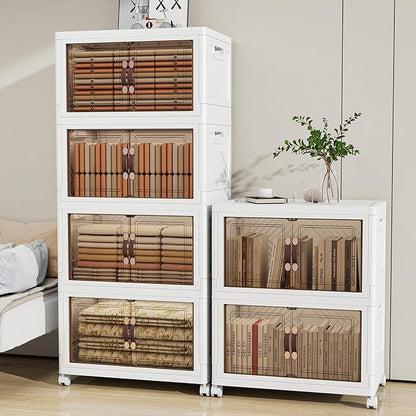Vavkorkula Storage Bins with Lids and Wheels, 660QT-165QT*4Tier Collapsible Bathroom Storage Cabinet with Clear Doors, Plastic Stackable Closet Organizers and Containers White