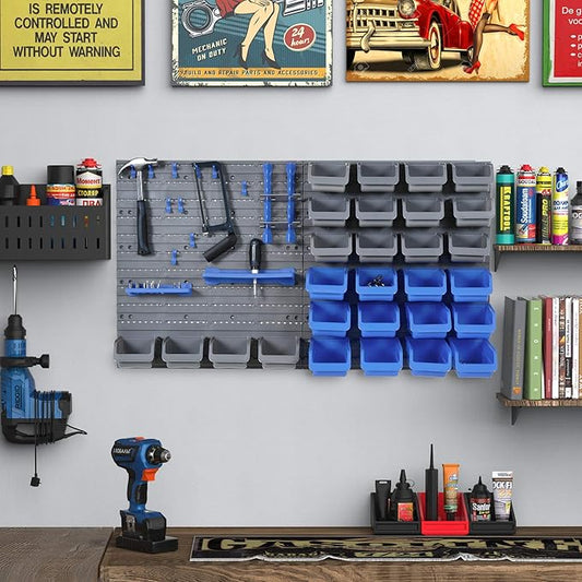 DURHAND Wall Mounted Storage Bins, 44PC Pegboard Tool Organizer Rack Kit Garage Plastic Shop Tool, Blue