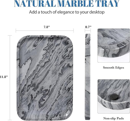 Koville Marble Tray, 12"x8" Natural Marble Vanity Tray for Countertop Bathroom Kitchen Dresser, Decorative Marble Catchall Trays for Perfume Jewelry(Grey)