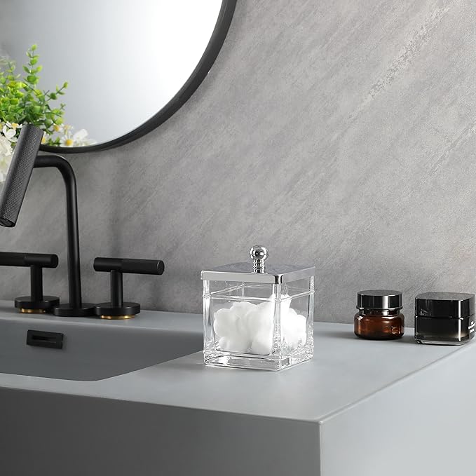 Indecor Home Apothecary Glass Cotton Jar Holder Silver Stainless Steel Lid, Elegant Bathroom Storage Canister for Qtips, Cotton Balls, Floss, Makeup Organizer, Vanity Bathroom Organization
